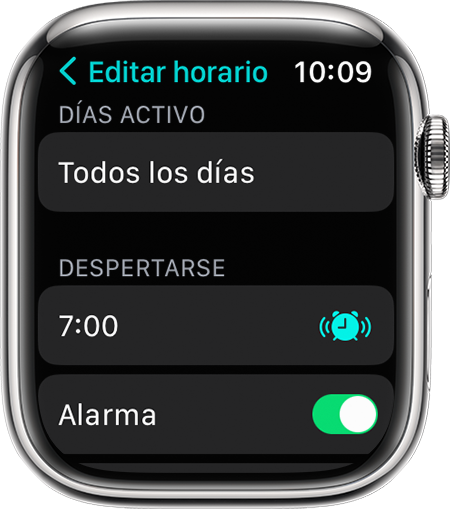 Pantalla del Apple Watch con las opciones para editar un horario de sueño completo