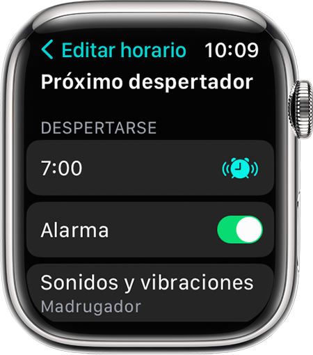 Pantalla del Apple Watch con las opciones para editar Próximo despertador