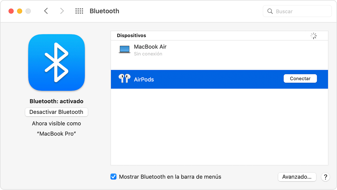 Ajustes de Bluetooth en Preferencias del Sistema en el Mac