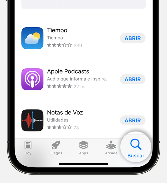 iPhone que muestra la pestaña de búsqueda en la parte inferior de la pantalla en el App Store.