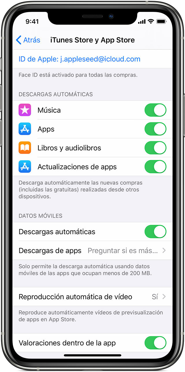 Imagen de un iPhone que muestra los controles que se usan para activar o desactivar las descargas automáticas y las actualizaciones automáticas de las apps.