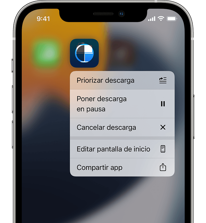 iPhone que muestra las opciones Priorizar descarga, Poner descarga en pausa y Cancelar descarga.