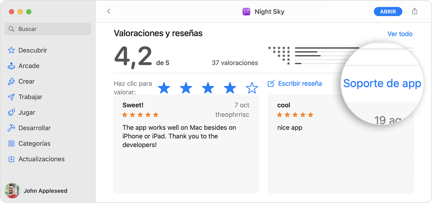 En el App Store del Mac, el botón “Soporte de app” está debajo de la sección “Valoraciones y reseñas” de la página de la app.