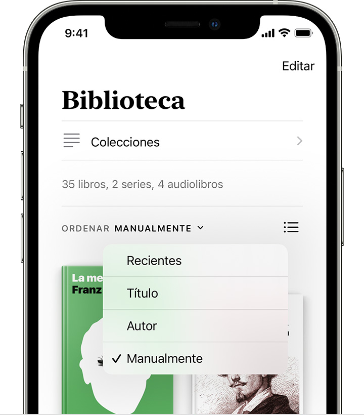 iPhone que muestra la biblioteca con opciones de orden, incluidas Recientes, Título, Autor y Manualmente.
