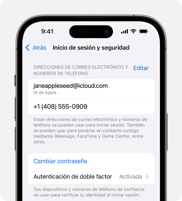 En los ajustes del ID de Apple, localiza las direcciones de correo electrónico y los números de teléfono que puedes usar para iniciar sesión en tu ID de Apple.