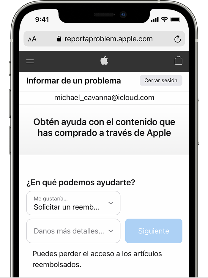 iPhone que muestra el sitio web “Señalar un problema”, en el que puedes solicitar un reembolso. Después de elegir “Solicitar un reembolso”, elige el motivo por el que solicitad el reembolso. 
