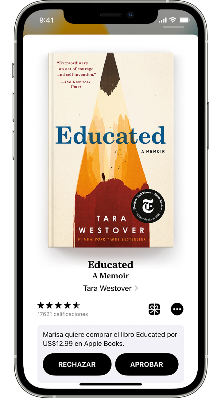 iPhone de un progenitor que muestra un botón para aprobar y otro para rechazar la solicitud de compra de un libro de Apple Books.