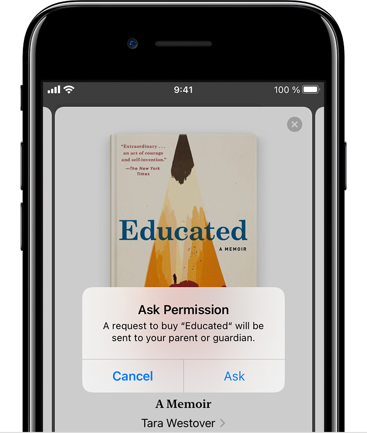 El iPhone de un menor que muestra un mensaje conforme se enviará una solicitud para comprar este libro a sus padres o tutores. Debajo de este mensaje, hay un botón para cancelar y otro para pedir permiso.