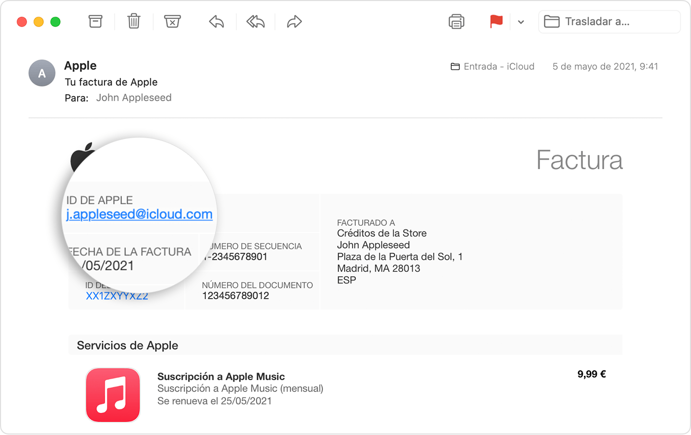 Factura por correo electrónico de Apple que muestra el ID de Apple de la persona que compró la suscripción a Apple Music.
