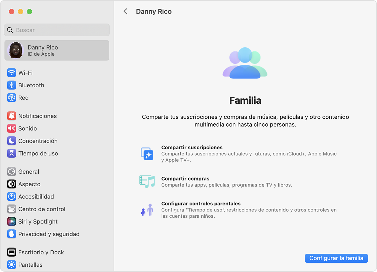 El botón Configurar familia está en la parte inferior derecha después de hacer clic en Familia.
