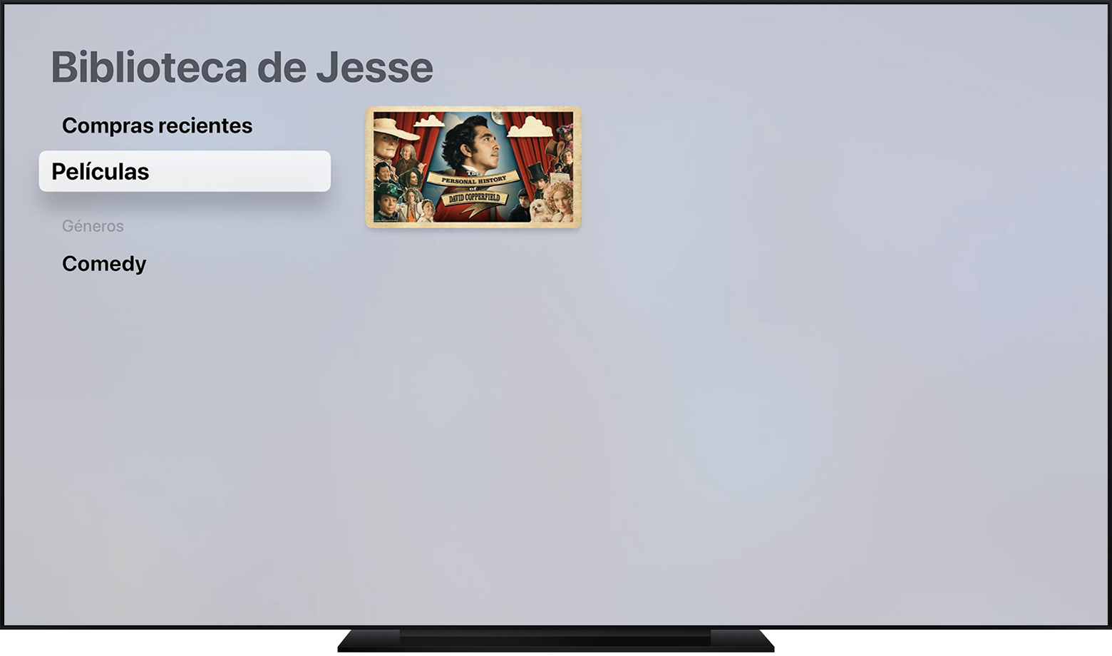 Apple TV con películas en la biblioteca de Jesse.