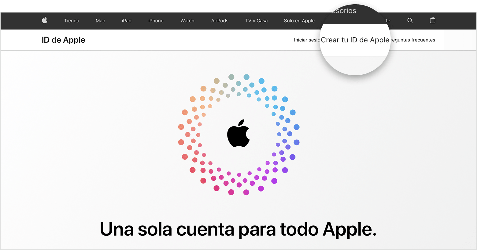Captura de pantalla de appleid.apple.com que presenta un logotipo de Apple en el centro de la pantalla rodeado de círculos concéntricos de colores.