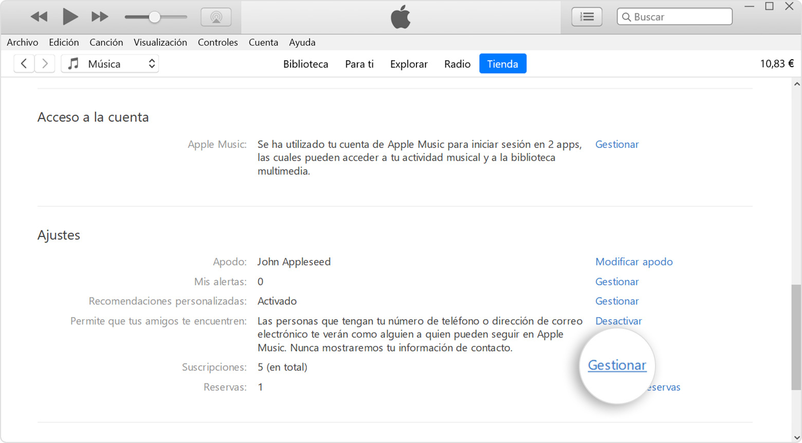 iTunes en un PC que muestra el botón Gestionar junto a las suscripciones.