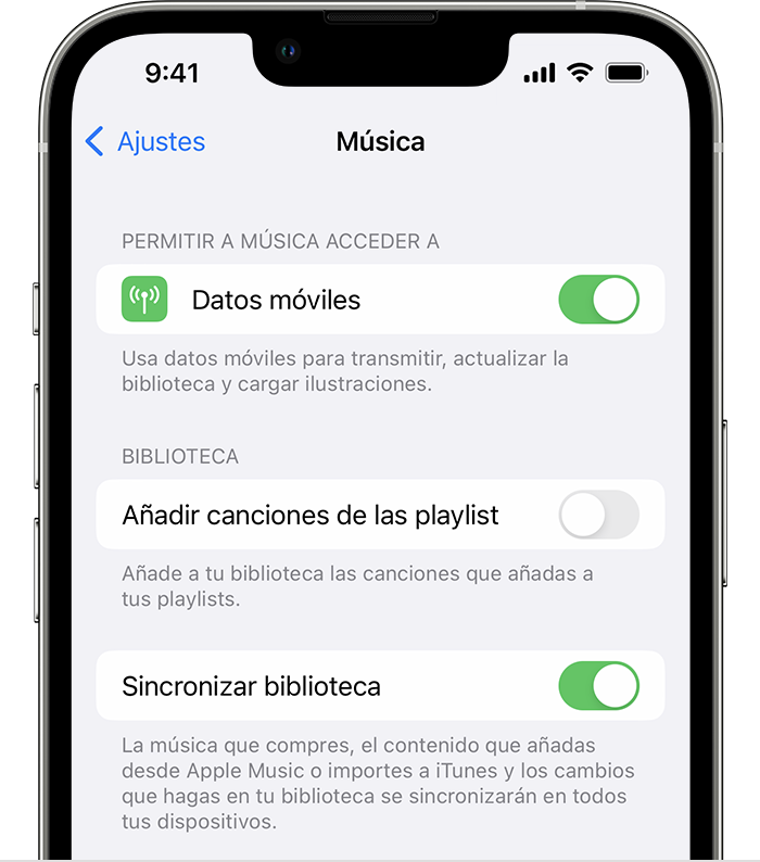 iPhone que muestra los ajustes de Música y la opción Sincronizar biblioteca activada