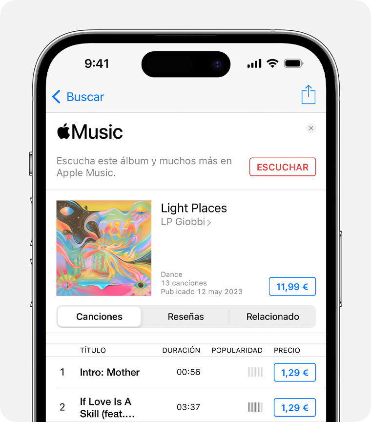 iPhone que muestra el precio junto a un álbum en la app iTunes Store