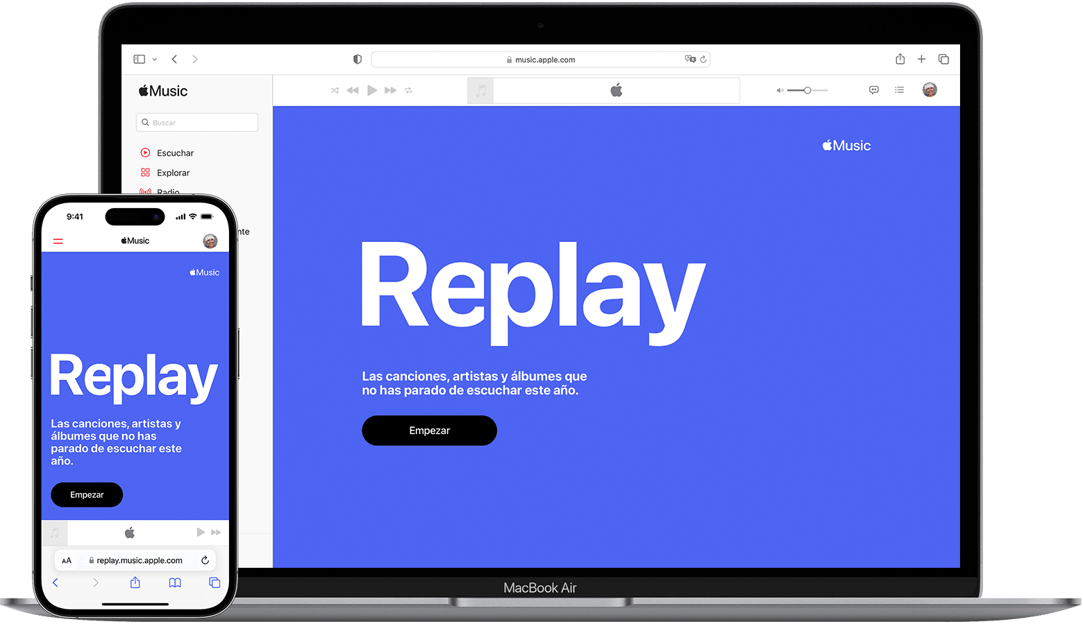 Sitio web de Replay en un Mac y un iPhone