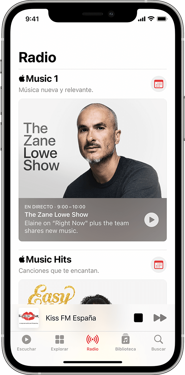 Apple Music que muestra la pestaña Radio seleccionada