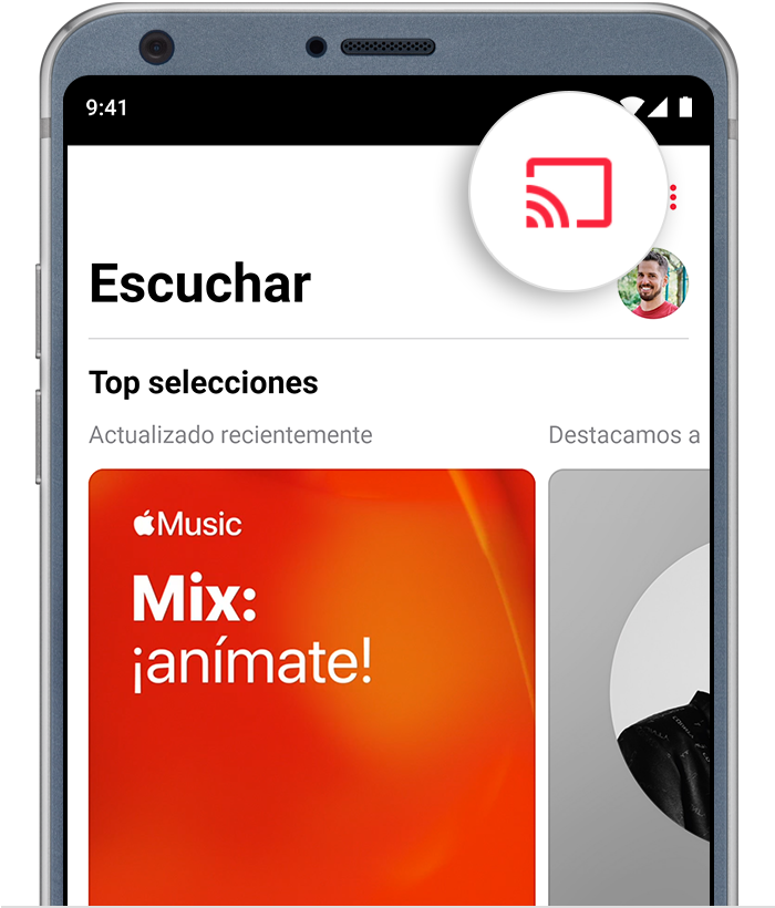Teléfono Android que muestra el botón para transmitir en la parte superior de la app Apple Music