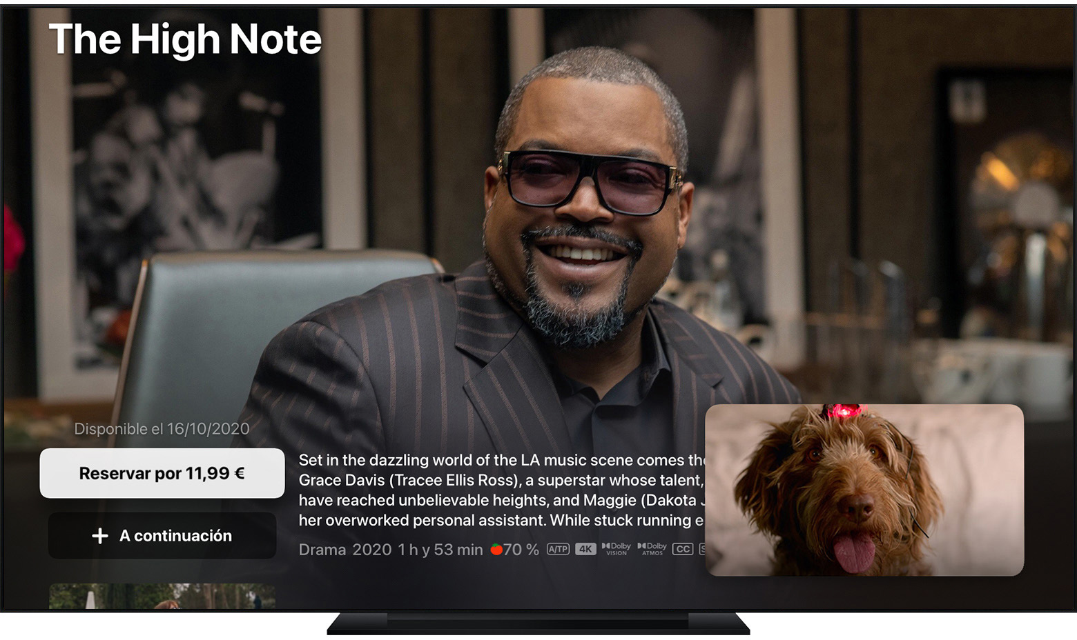tvOS donde se muestra una película en la app Apple TV con una ventana de Imagen dentro de imagen en la esquina inferior izquierda de la pantalla.