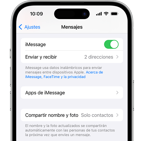 App Ajustes del iPhone que muestra varios ajustes para Mensajes