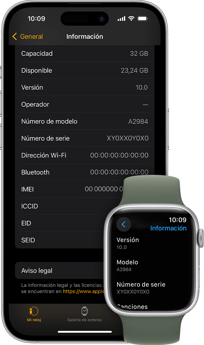 iPhone y Apple Watch que muestran la pantalla Información y el número de serie