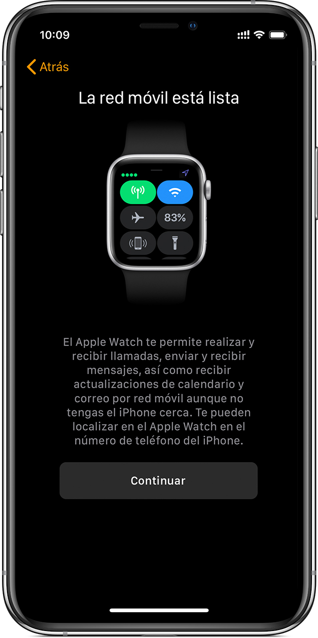 Pantalla de configuración móvil del iPhone que muestra que el plan móvil está listo para que lo uses en el Apple Watch.