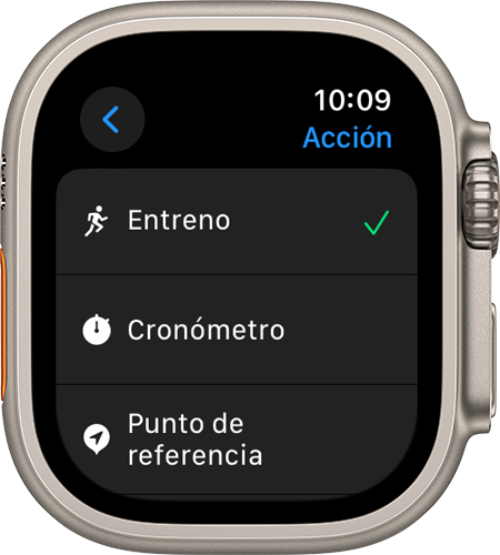 El Apple Watch Ultra muestra la pantalla Acción y varios ajustes