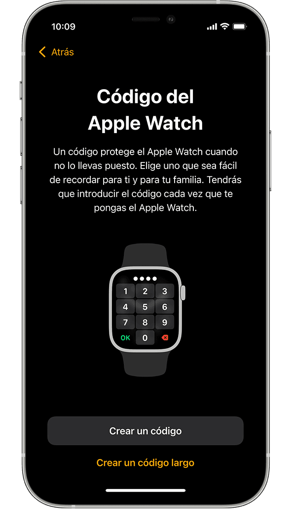 Un iPhone que muestra la pantalla para configurar el código en el Apple Watch
