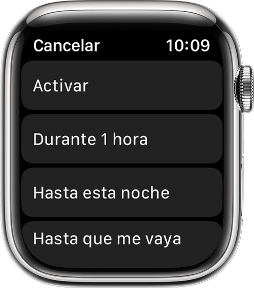 Apple Watch que muestra las opciones de “No molestar”