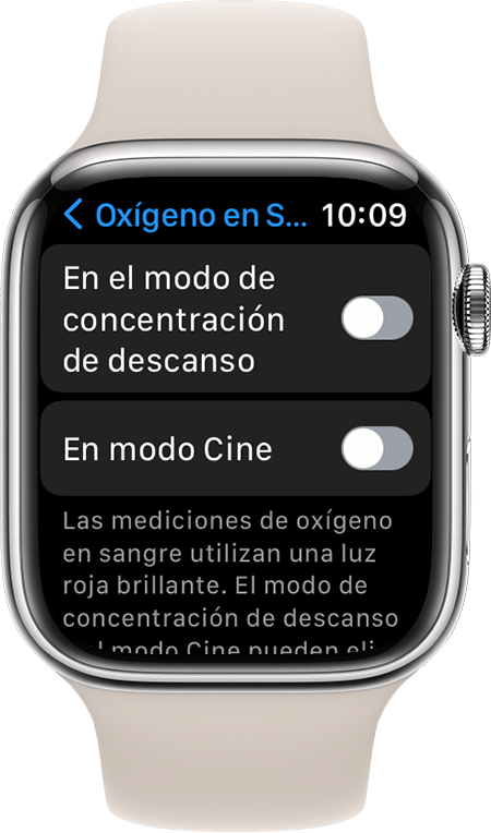 Captura de pantalla de la configuración de Oxígeno en Sangre en un Apple Watch Series 7
