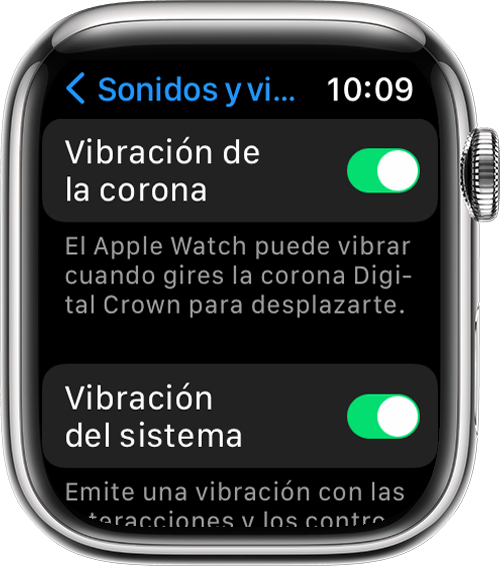 Apple Watch que muestra los ajustes “Vibración de la corona” y “Vibración del sistema” en Ajustes
