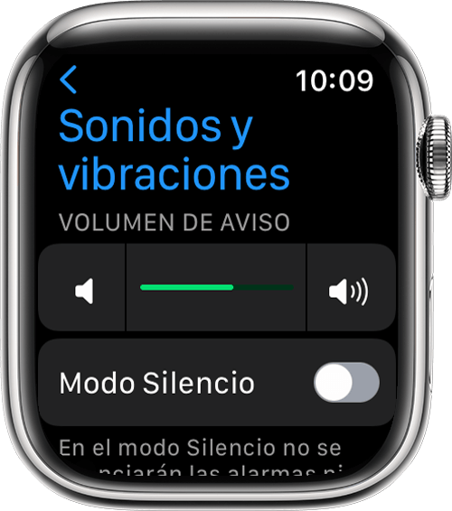 Apple Watch que muestra la pantalla “Sonidos y vibraciones” en Ajustes