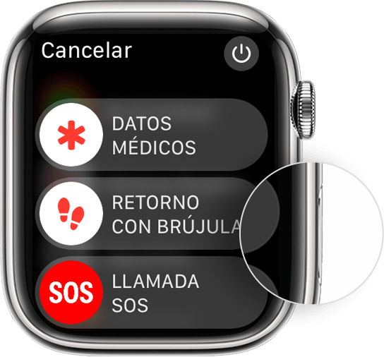 Un Apple Watch que muestra dónde están el botón lateral y el control deslizante para apagar el dispositivo.