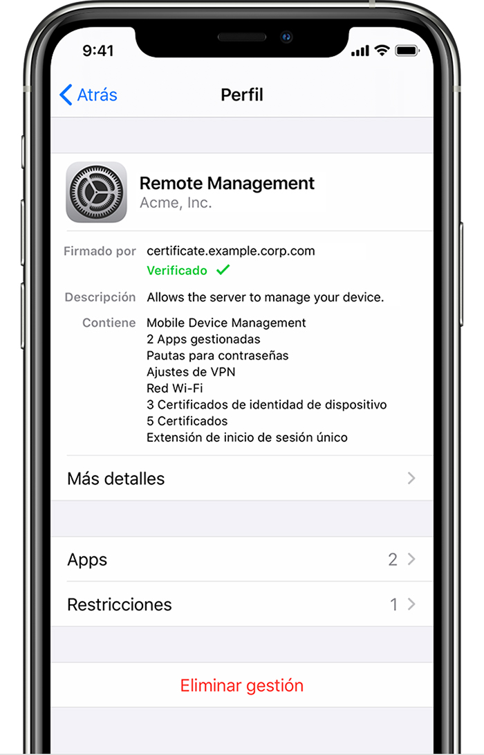 iPhone que muestra un perfil instalado en VPN y gestión de dispositivos