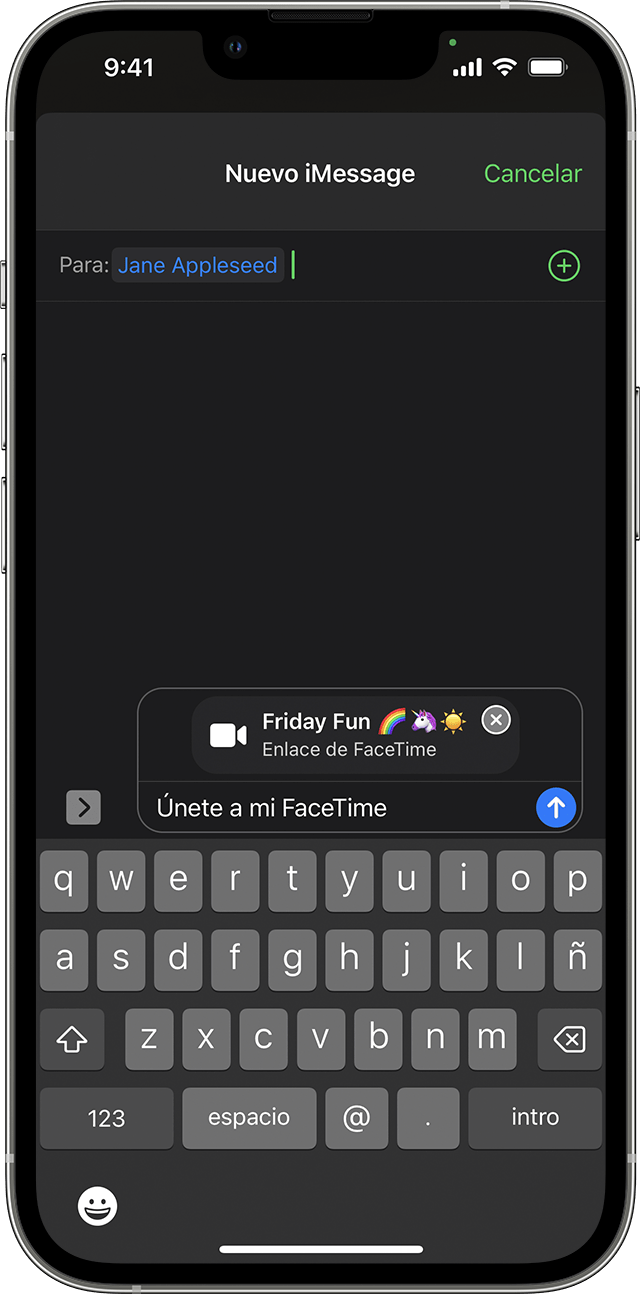 Un iPhone que muestra un nuevo borrador de salida de iMessage con un enlace a una llamada de FaceTime en el campo de texto.