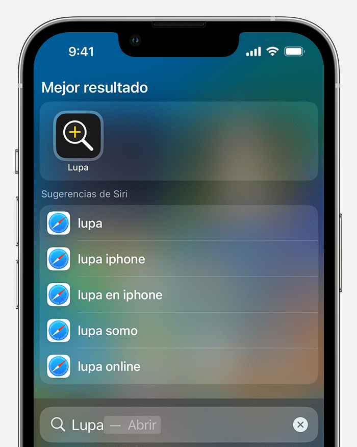 iPhone que muestra una búsqueda de la app Lupa. El icono de la app Lupa aparece como el mejor resultado.