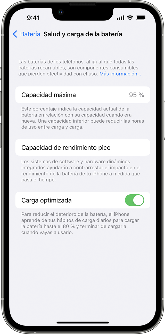 Acerca de la carga optimizada de la batería en el iPhone - Soporte técnico  de Apple (ES)