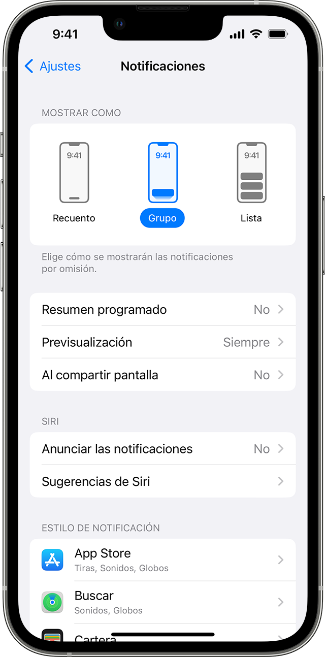 iPhone que muestra los ajustes de notificaciones con la opción de visualización de pila seleccionada.