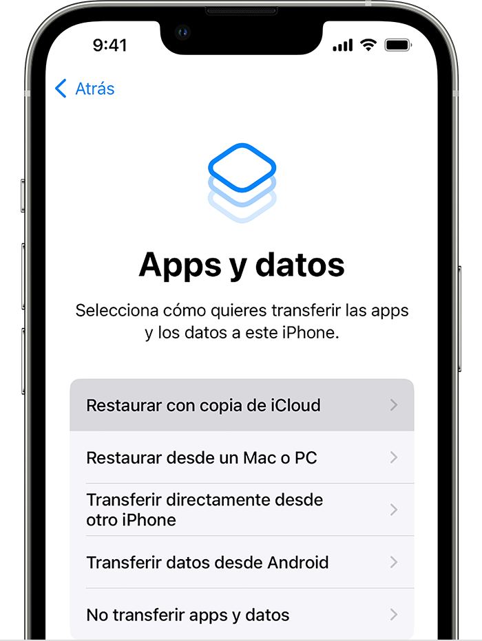 Un iPhone que muestra la pantalla Apps y datos con la primera opción, Restaurar a partir de una copia de seguridad de iCloud, seleccionada.