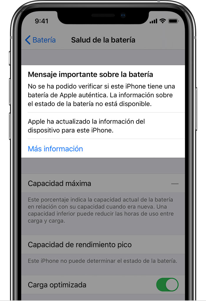 Imagen que muestra un mensaje sobre que la incapacidad del iPhone para verificar si la batería es original de Apple