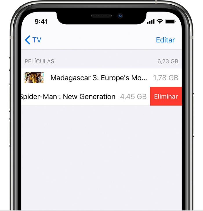 Imagen de un iPhone que muestra lo que sucede al deslizar hacia la izquierda en una película o un programa de TV que se ha descargado y aparece la opción Eliminar.