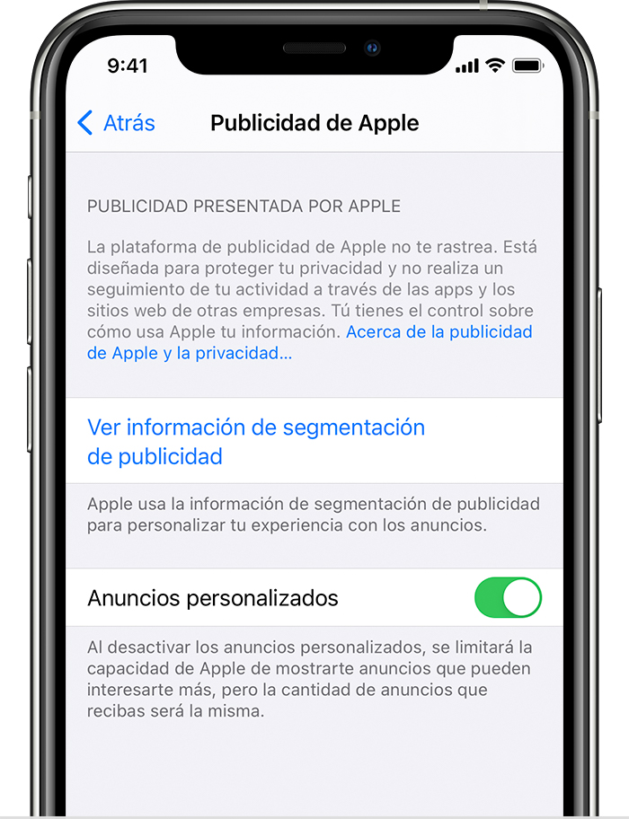 iPhone que muestra las opciones Ver información de segmentación de publicidad y Anuncios personalizados de Publicidad de Apple