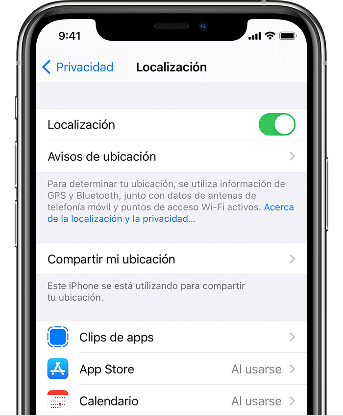 iPhone que muestra la opción Avisos de ubicación y los ajustes específicos de las apps de Localización