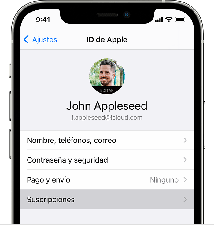 Imagen de un iPhone que muestra la opción de menú Suscripciones en Ajustes.