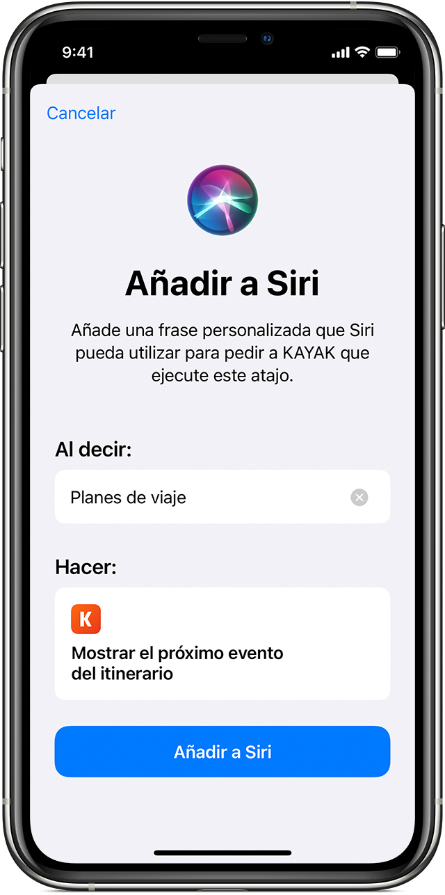 Kayak se añade a Siri con el botón Añadir a Siri.