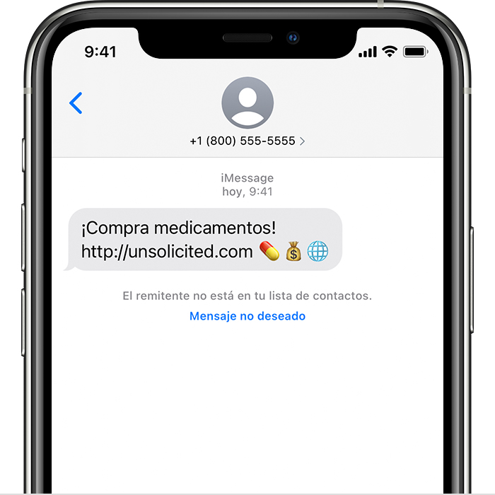 iPhone que muestra cómo informar de mensajes no deseados en la app Mensajes