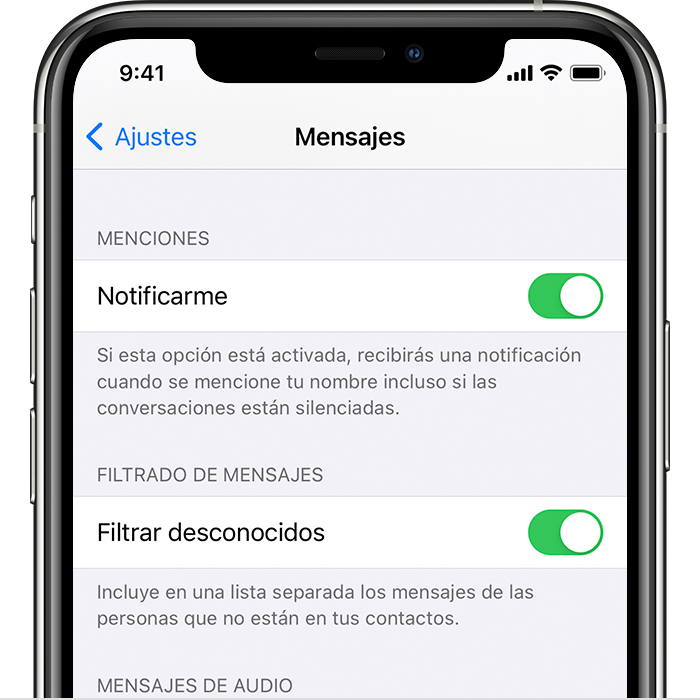 iPhone que muestra cómo filtrar remitentes desconocidos