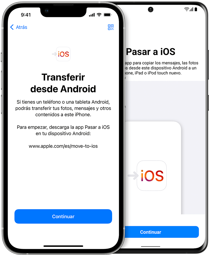pantallas que muestran la app Pasar a iOS en el iPhone y en Android