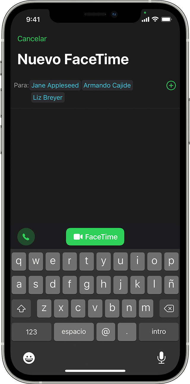 iPhone que muestra cómo iniciar una llamada de FaceTime en grupo desde la app FaceTime