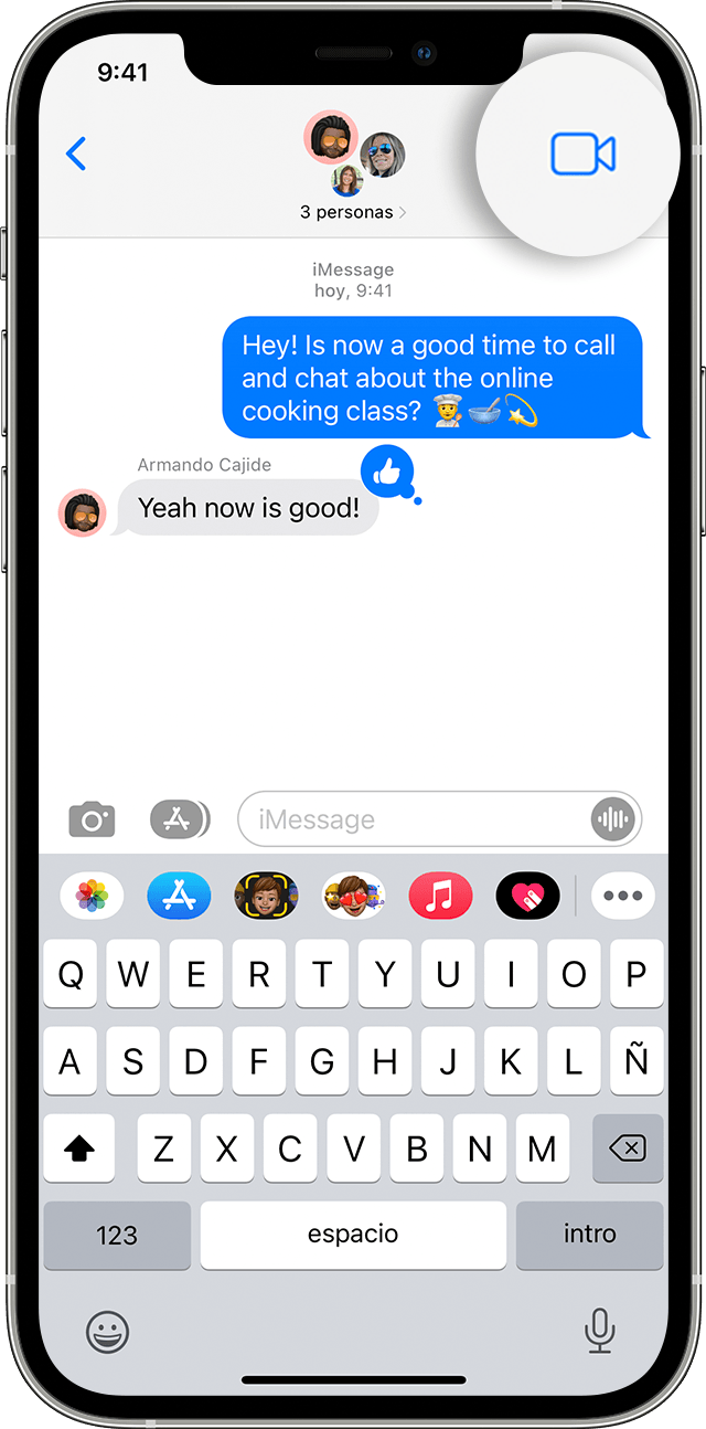 iPhone que muestra cómo hacer una llamada de FaceTime en grupo desde la app Mensajes